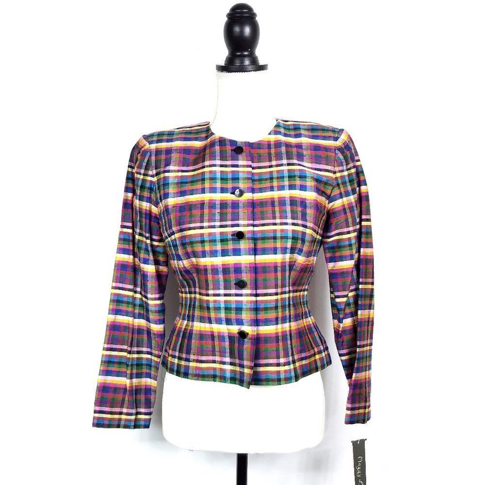Maggy London Vintage Silk Multi-Color Printed Button-Front Cropped Blazer Jacket